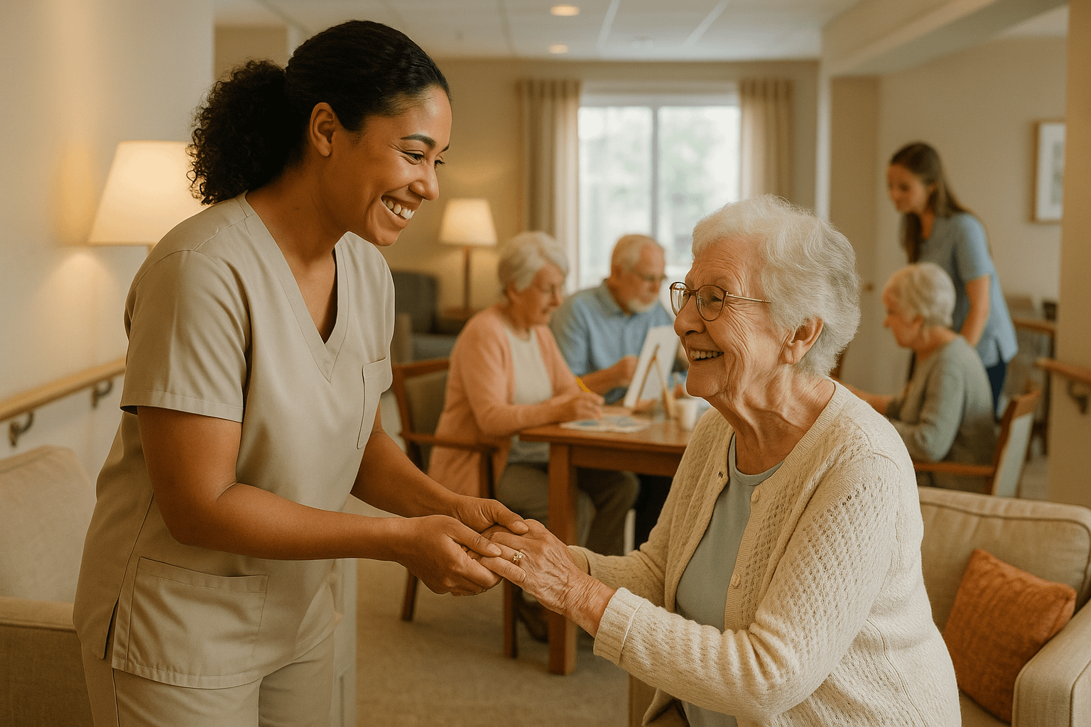 Caregiver assisting elderly woman in community room.