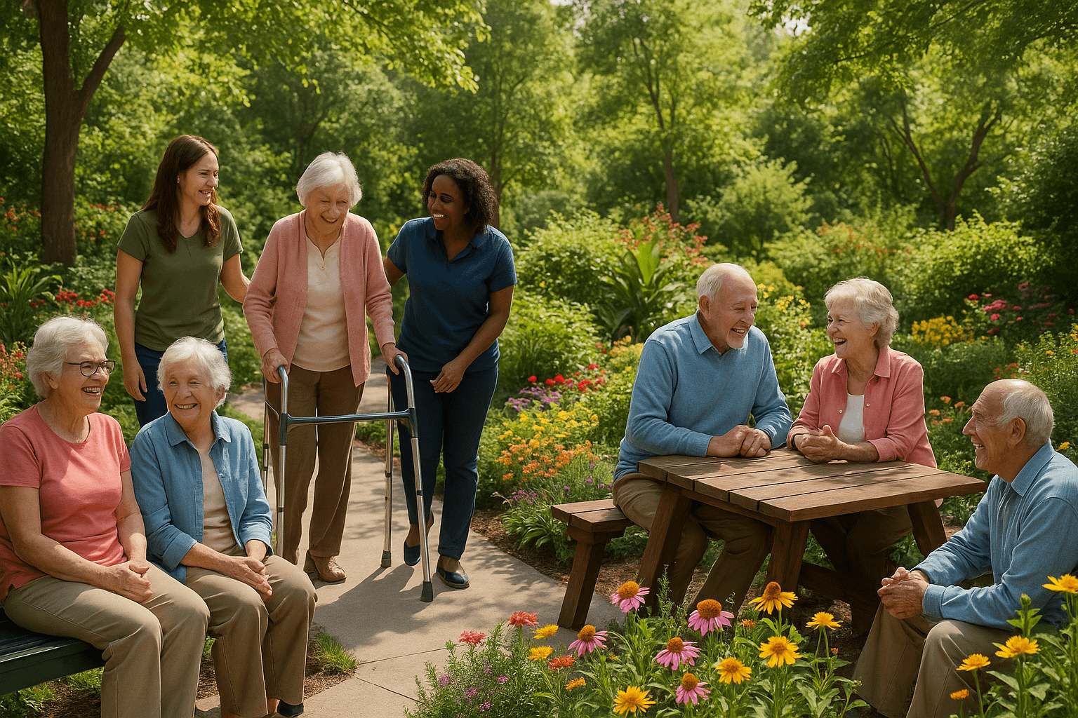 Seniors enjoying a group outing in lush garden.