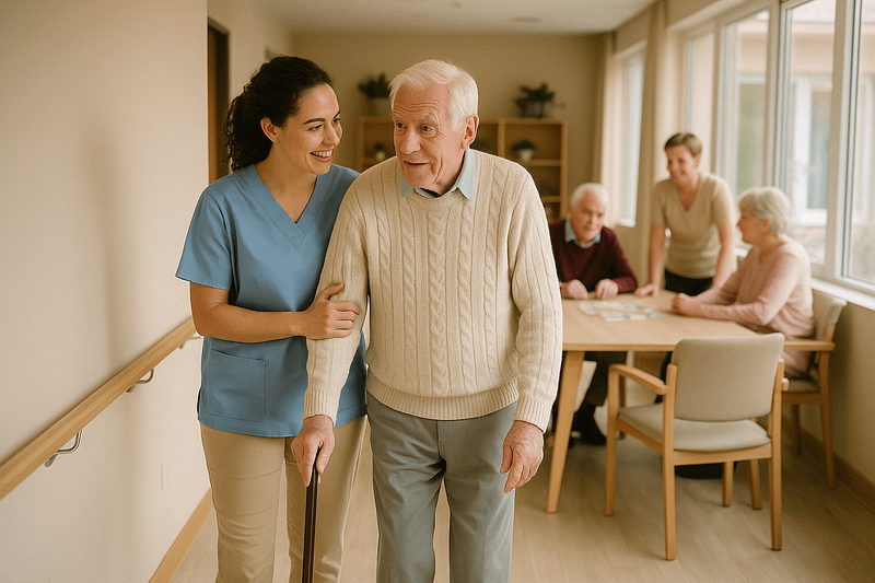 Caregiver helping elderly man walk in nursing home.